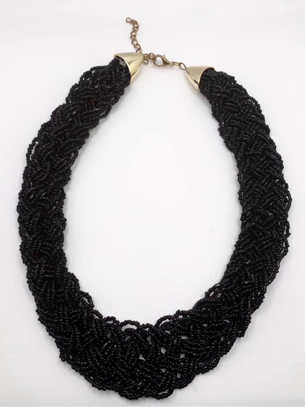 NWOT Black Braided Beaded Necklace with Gold Accents